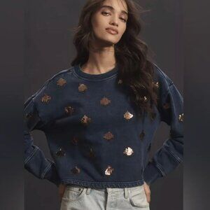 PILCRO Anthropologie Sequin Washed Blue Denim Sweatshirt Size XL